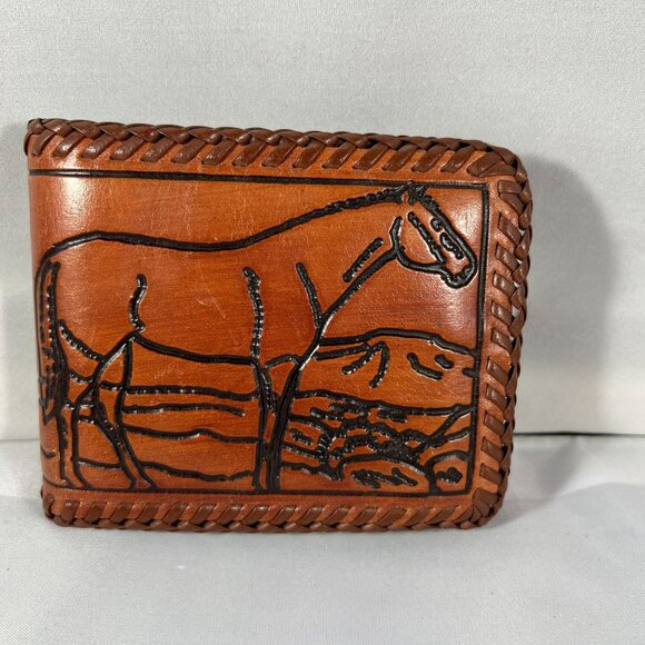 Other - Vintage Brown Leather Wallet W/ Hand Tooled Horse & Barn Design Bifold Style W/